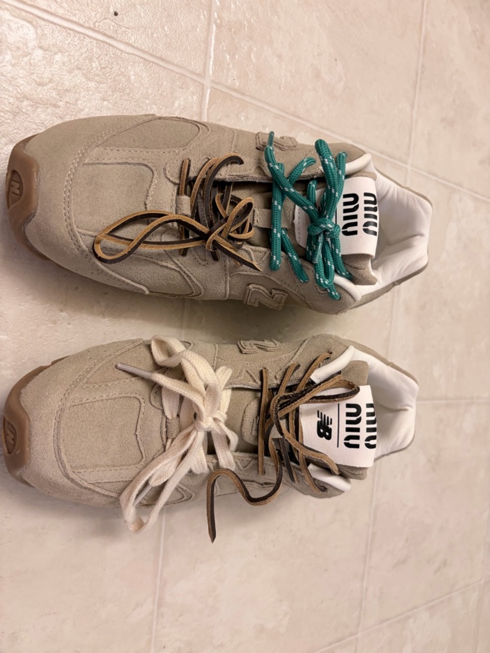 Miu Miu Beige Suede Athletic Sneakers with Multicolor Laces